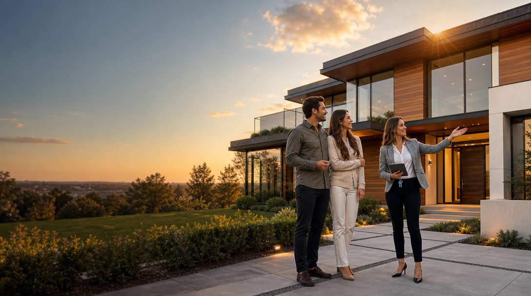 Real estate agent showing a modern luxury home to a happy couple at golden hour